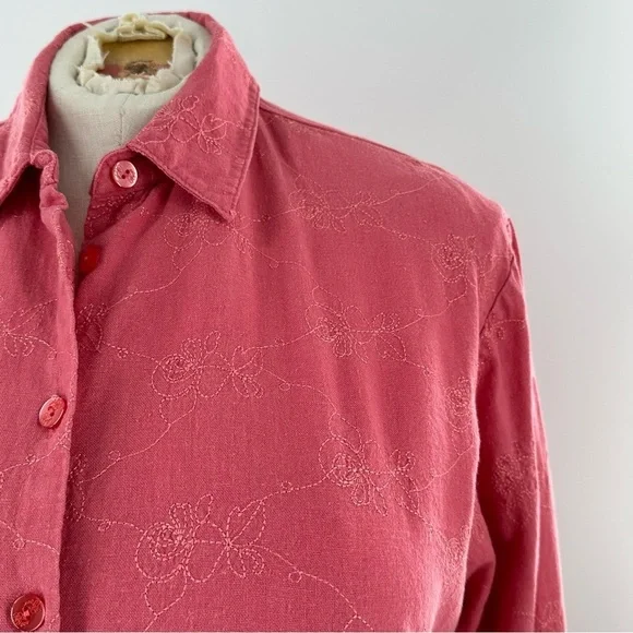 Napa Valley top L pink coral 55% linen floral button down coastal 90s vintage